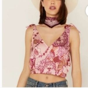 Free People Vacation Pink Satin Bow Tie V Neck Crop Top Medium M